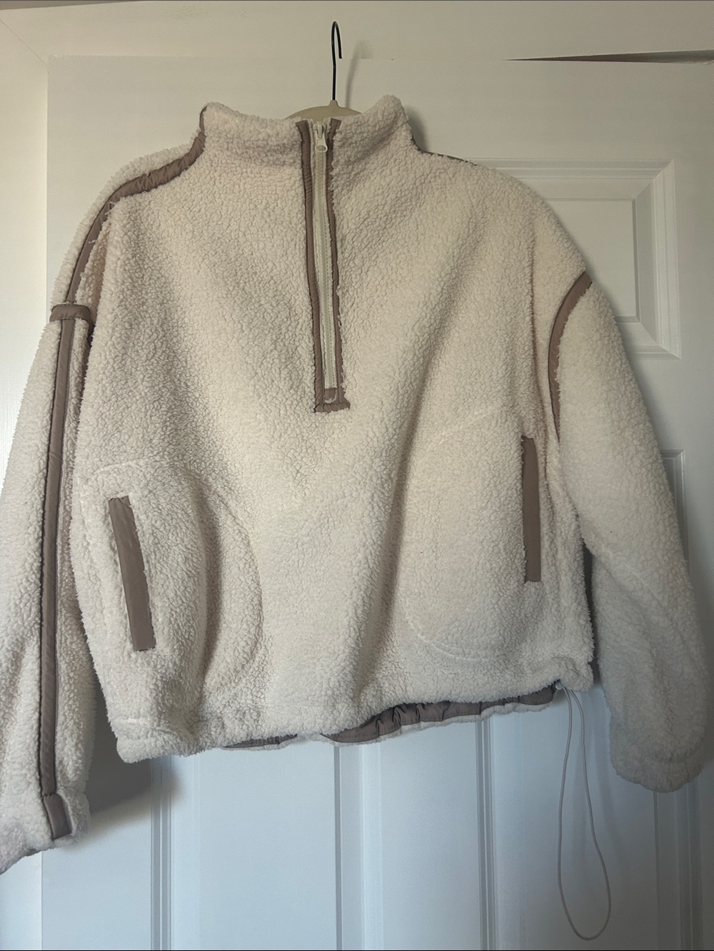 Thread & Supply Cream Sherpa Half-Zip Pullover with Taupe Trim